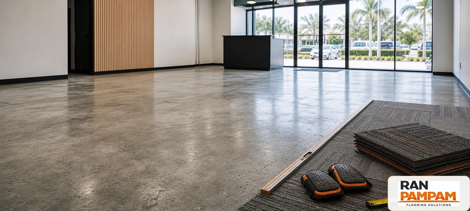 Commercial flooring planning with polished concrete and carpet tile